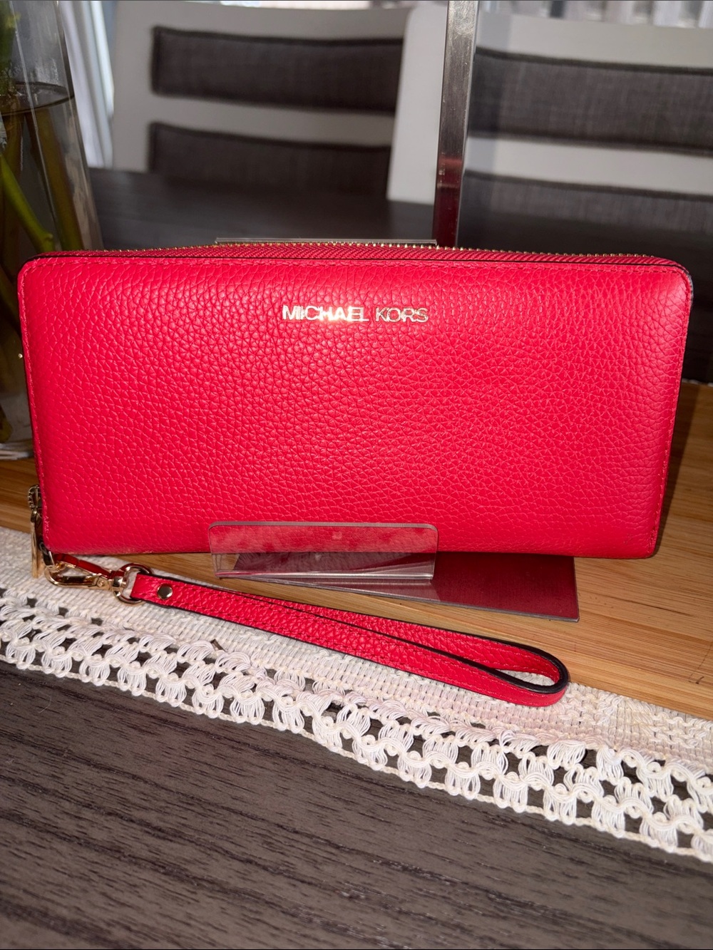 Michael Kors Red Pebbled Leather Zip Wristlet Wallet